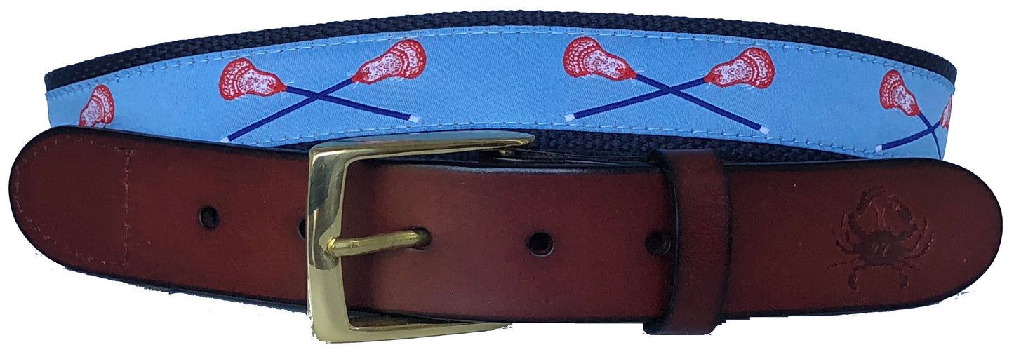 Red, White and Blue Lacrosse Sticks on Carolina Blue Lacrosse Belt