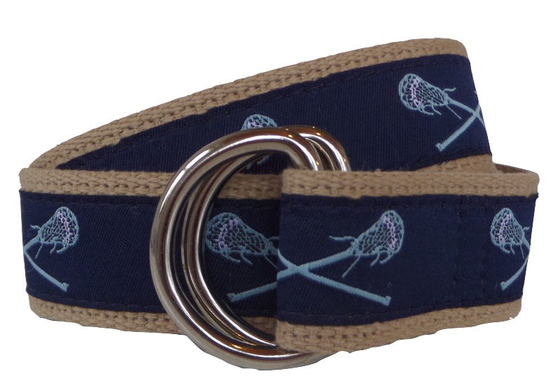 Light Blue Lacrosse Sticks on Navy Ribbon D-Ring Belt