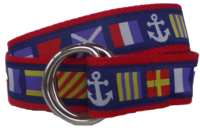 Nautical Flag and Blue Seersucker Fabric D-Ring Belt – No27inc