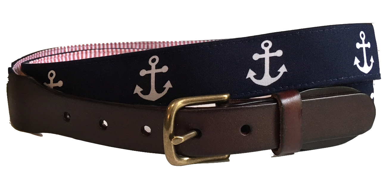 Nautical Anchor and Red Seersucker Leather Belt