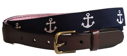 Nautical Anchor and Red Seersucker Leather Belt