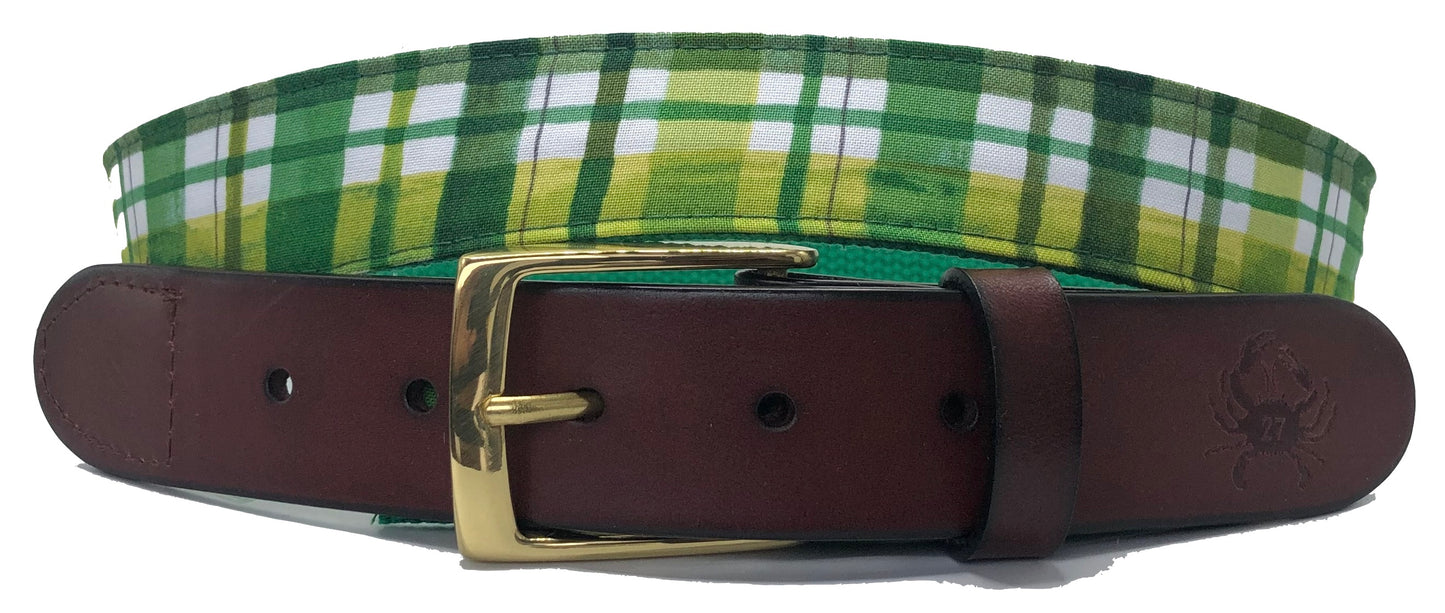 Green Plaid Leather Belt/ St. Patrick's Day Belt/ Madras Belt