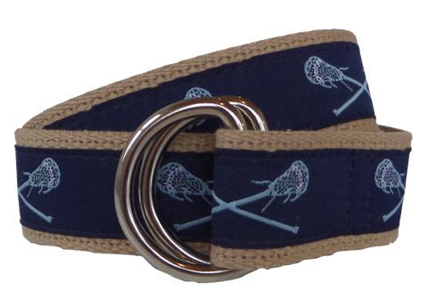 Light Blue Lacrosse Sticks on Navy Ribbon D-Ring Belt