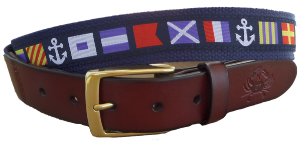 Nautical Navy Anchor and Red Seersucker Fabric D-Ring Belt – No27inc