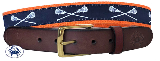 White Lacrosse Sticks on Navy Blue Lacrosse Belt