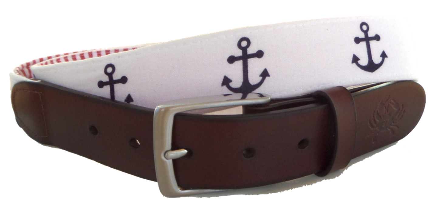 Nautical Anchor and Red Seersucker Leather Belt