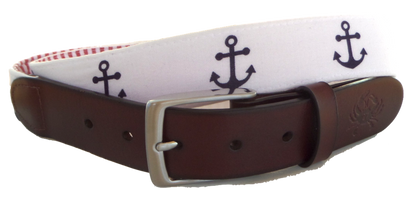 Nautical Anchor and Red Seersucker Leather Belt