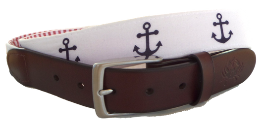 Nautical Anchor and Red Seersucker Leather Belt