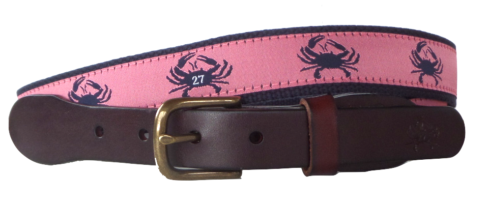 No27 Men's Maryland Crab Leather Belt - Handmade, Leather Tab & Buckle, Maryland Flag & Crab Pattern On Webbing