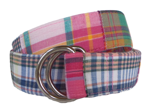 Pink and Blue Plaid Fabric D-Ring Belt