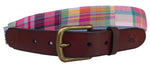 Pink and Blue Plaid Fabric Leather Belt