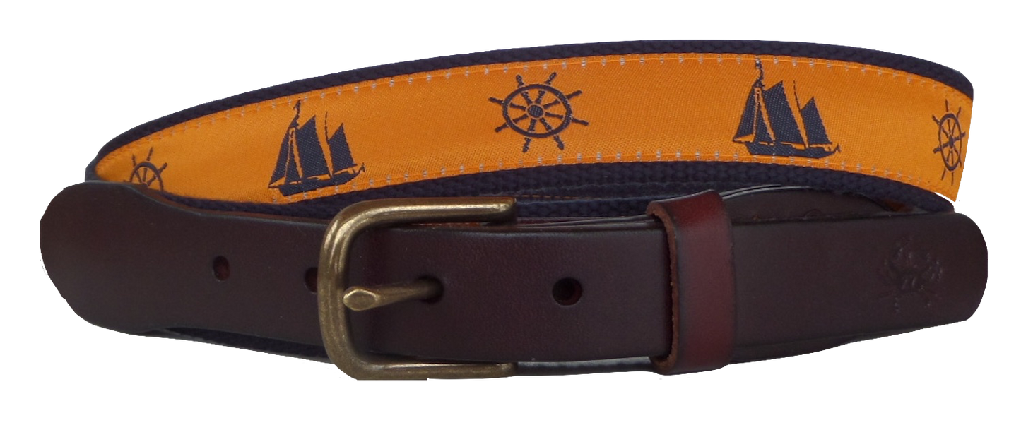 Navy Sailboat and Helm  Leather Belt