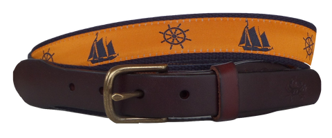 Navy Sailboat and Helm  Leather Belt