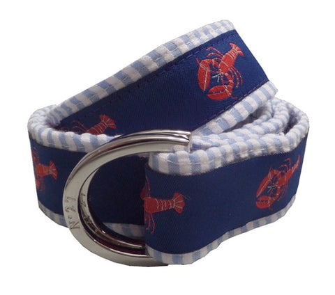 Lobster and Blue Seersucker Fabric D-Ring Belt