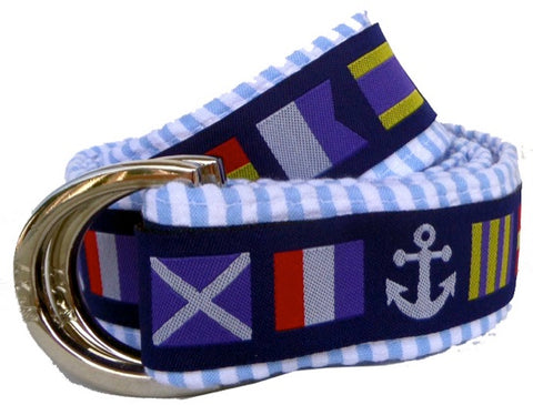 Nautical Flag and Blue Seersucker Fabric D-Ring Belt